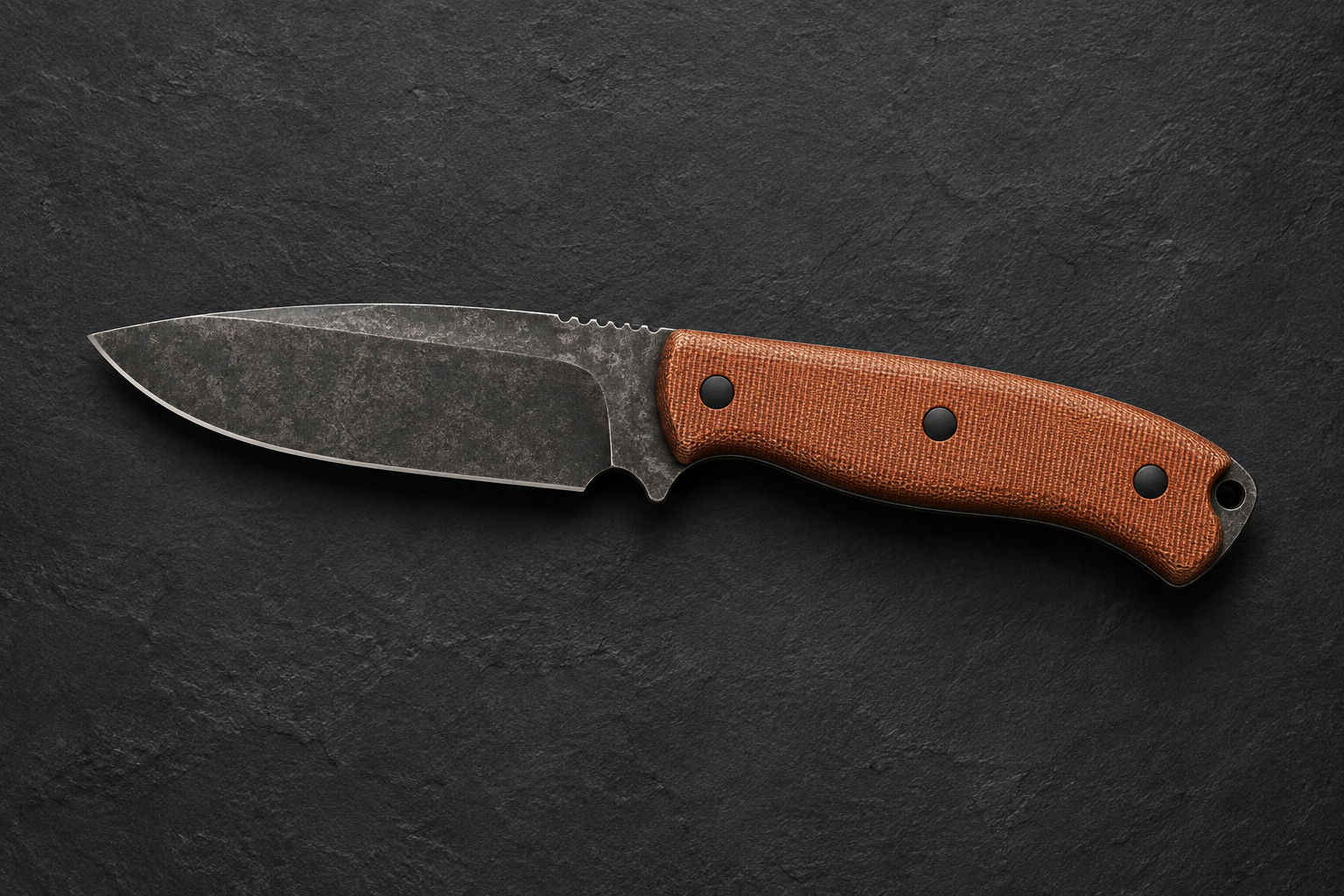 The Cinder: Compact drop-point fixed blade with Burnt orange canvas Micarta