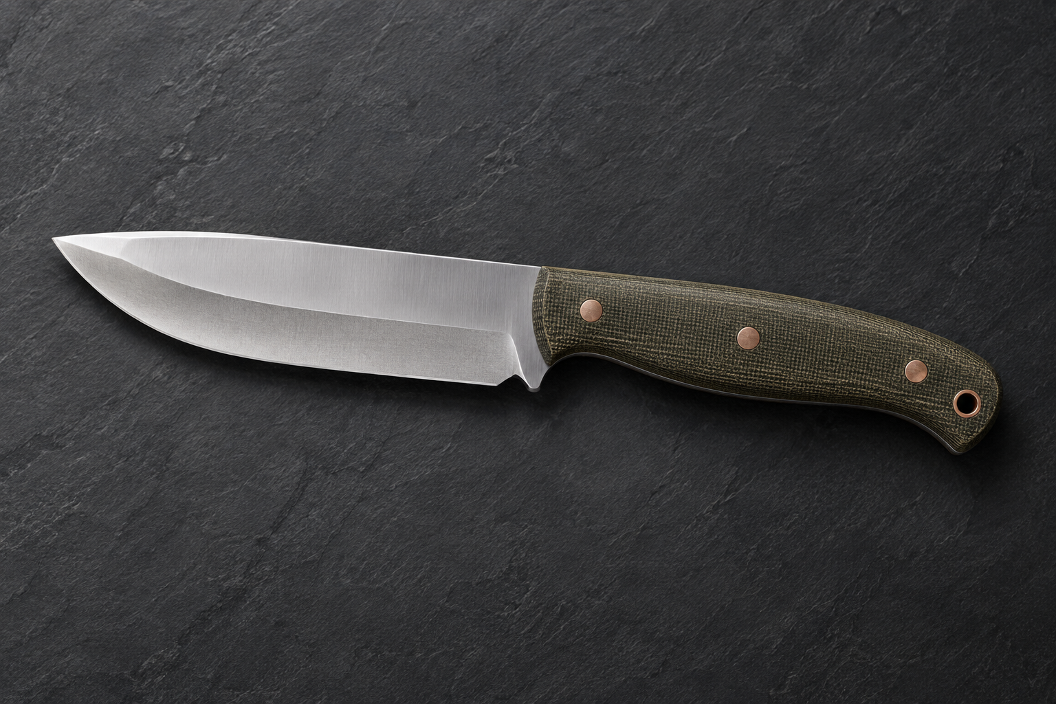 The Ridgeline: Scandi-ground bushcraft knife with Olive canvas Micarta & copper